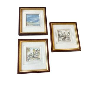 Vintage trio of miniature Bruges Belgium europe scenes Brown & Gold Frames 4x4.5